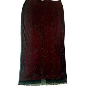 Dark Fairy Whimsigoth Vamp L Womens Y2K Midi Skirt Burgundy Sheer Black Floral